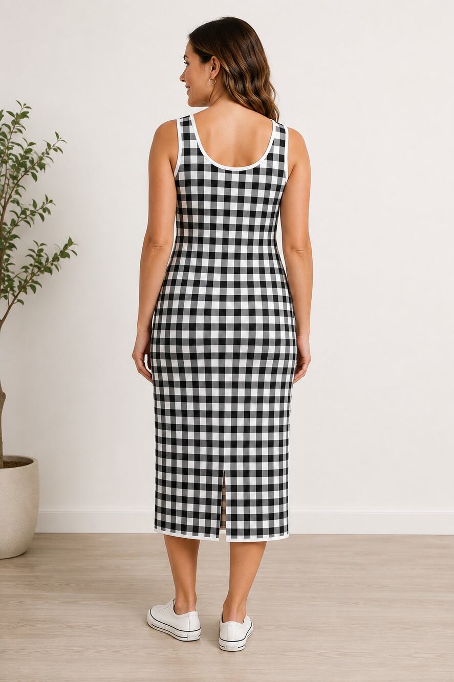 Women's Plus Size White Birch Knit 1X Black White Gingham Sleeveless Midi Dress